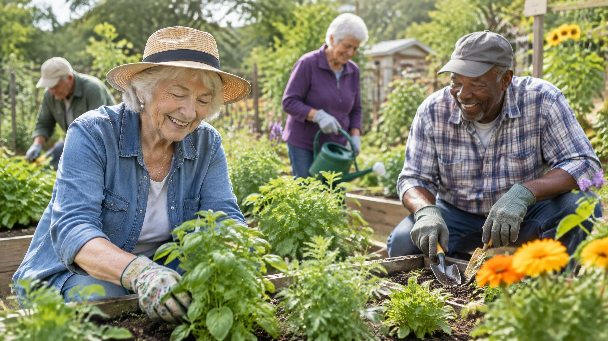seniors gardening together