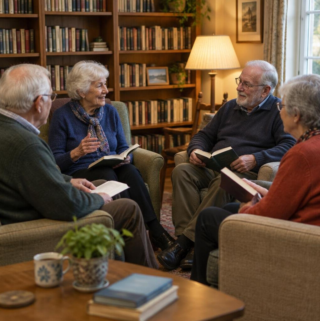 Seniors discussing a book in a reading circle