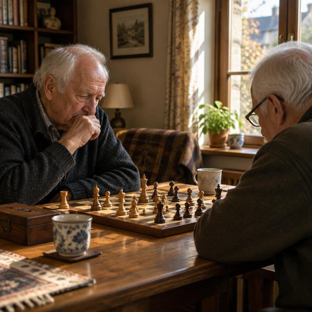 Two elderly men playing chess at a wooden table