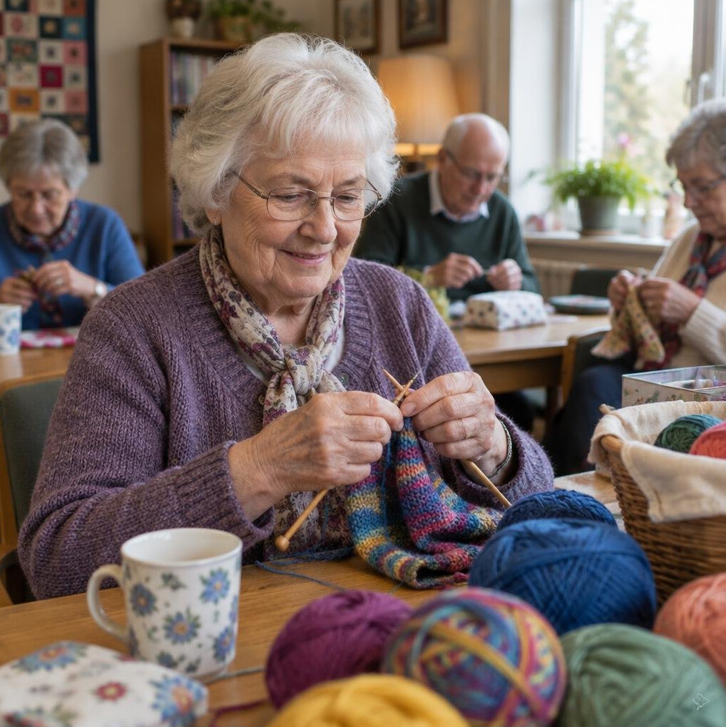 Senior woman knitting with a handicraft group