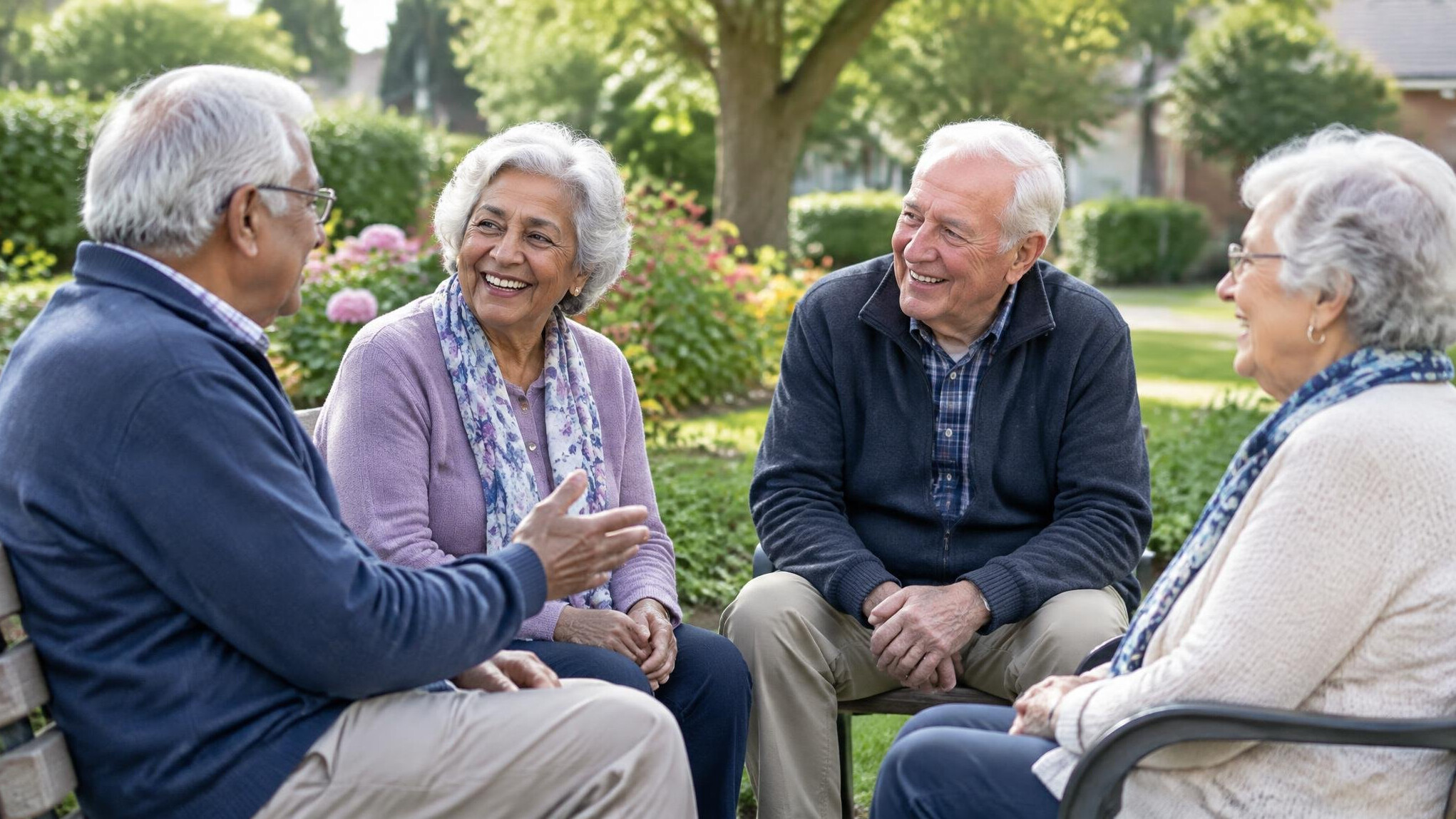 senior friends chatting in garden