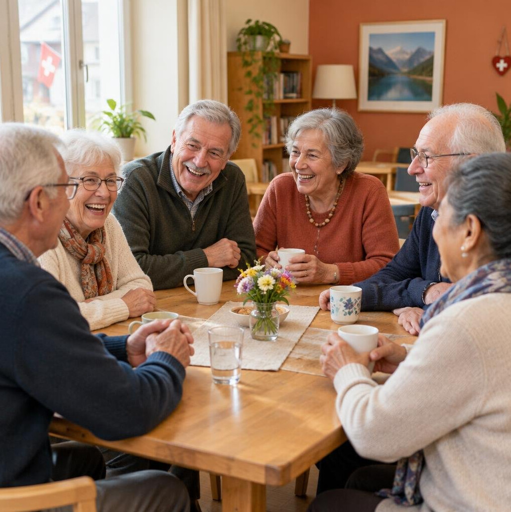 Elderly friends laughing together around a table at a community center