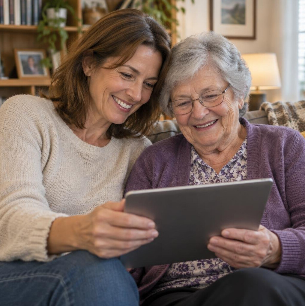 Adult daughter helping her elderly mother