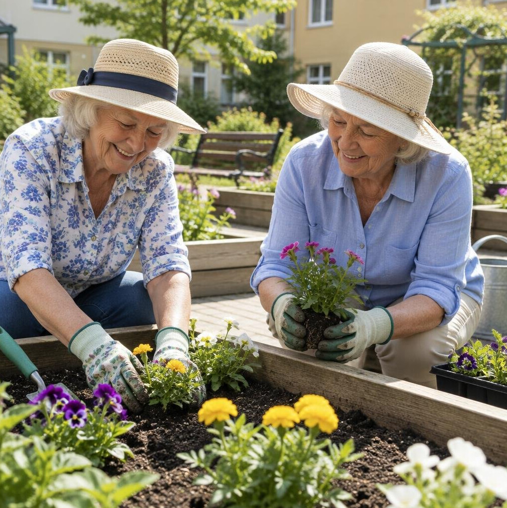 Senior women tending a community garden together