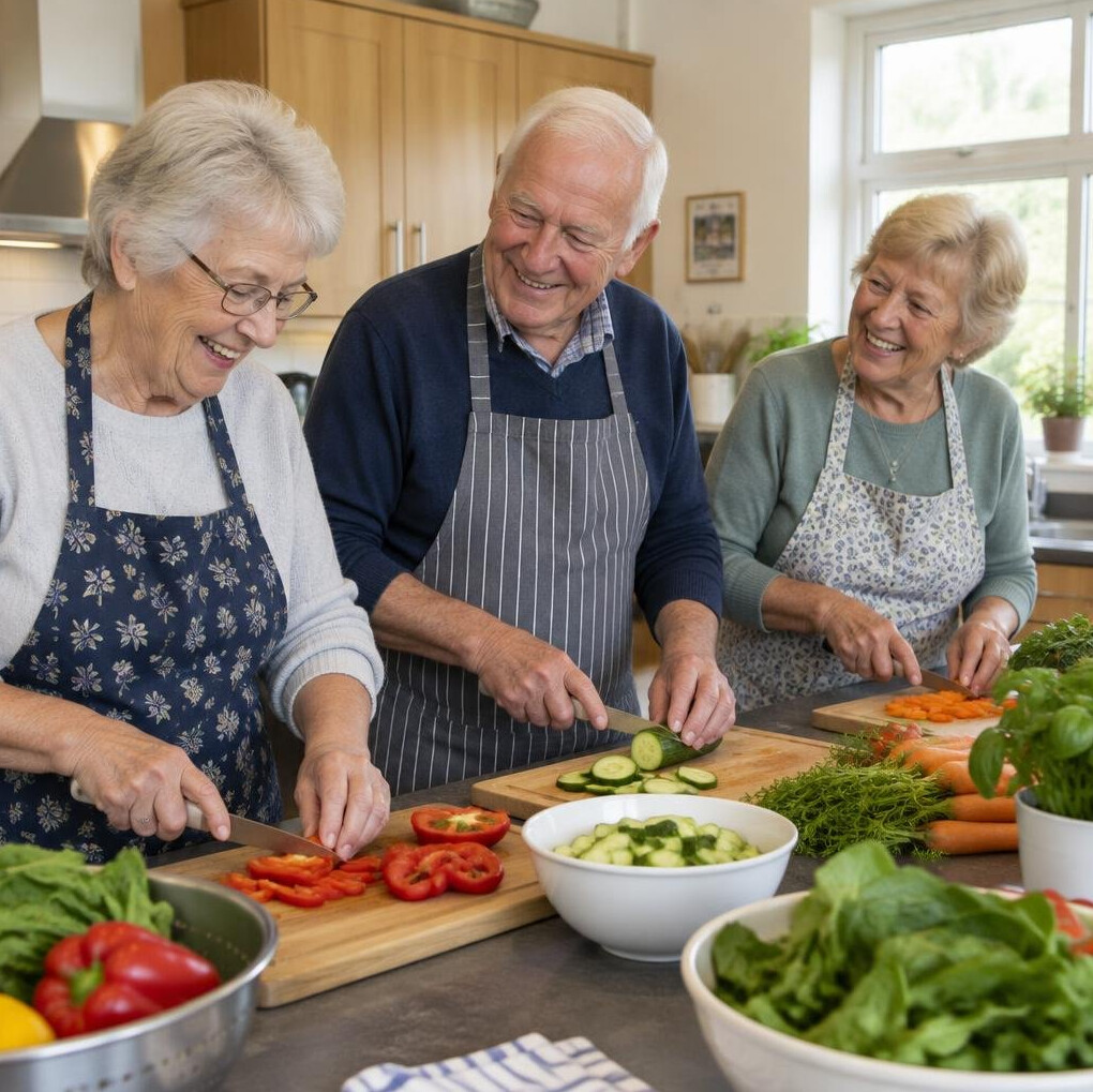 Seniors cooking together in a community kitchen